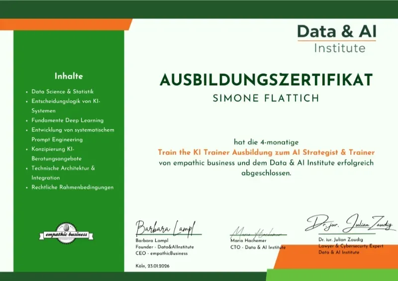 AI Strategist & Trainer Zertifikat Simone Flattich