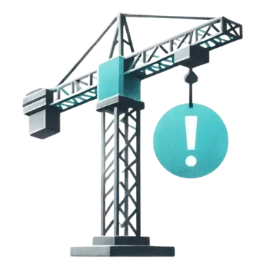 Illustration eines Baukrans mit einem Ausrufezeichen am Haken, Aquarellstil, türkis und grau; Dall-e