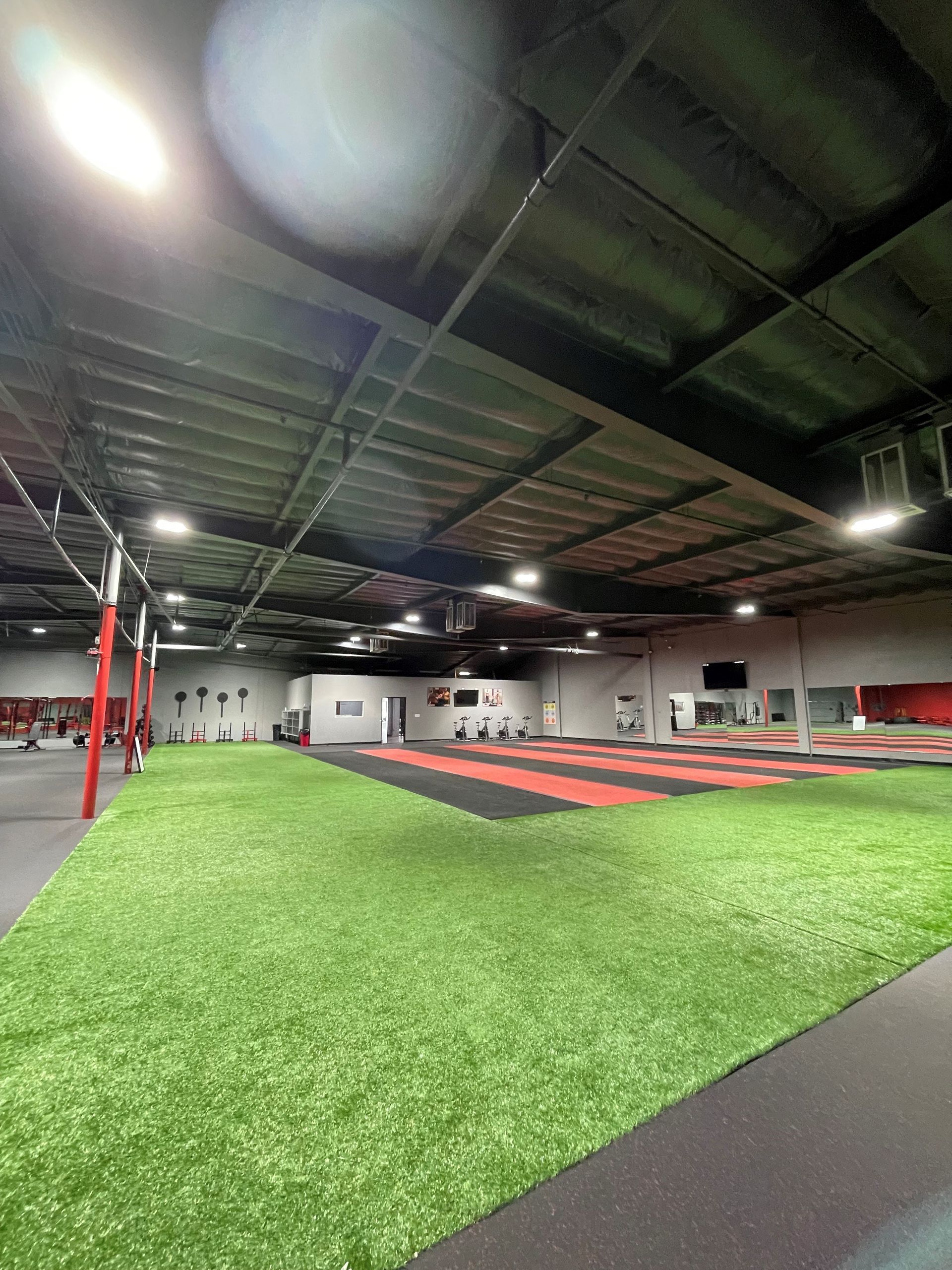 A large indoor gym with a lot of grass and a lot of lights.