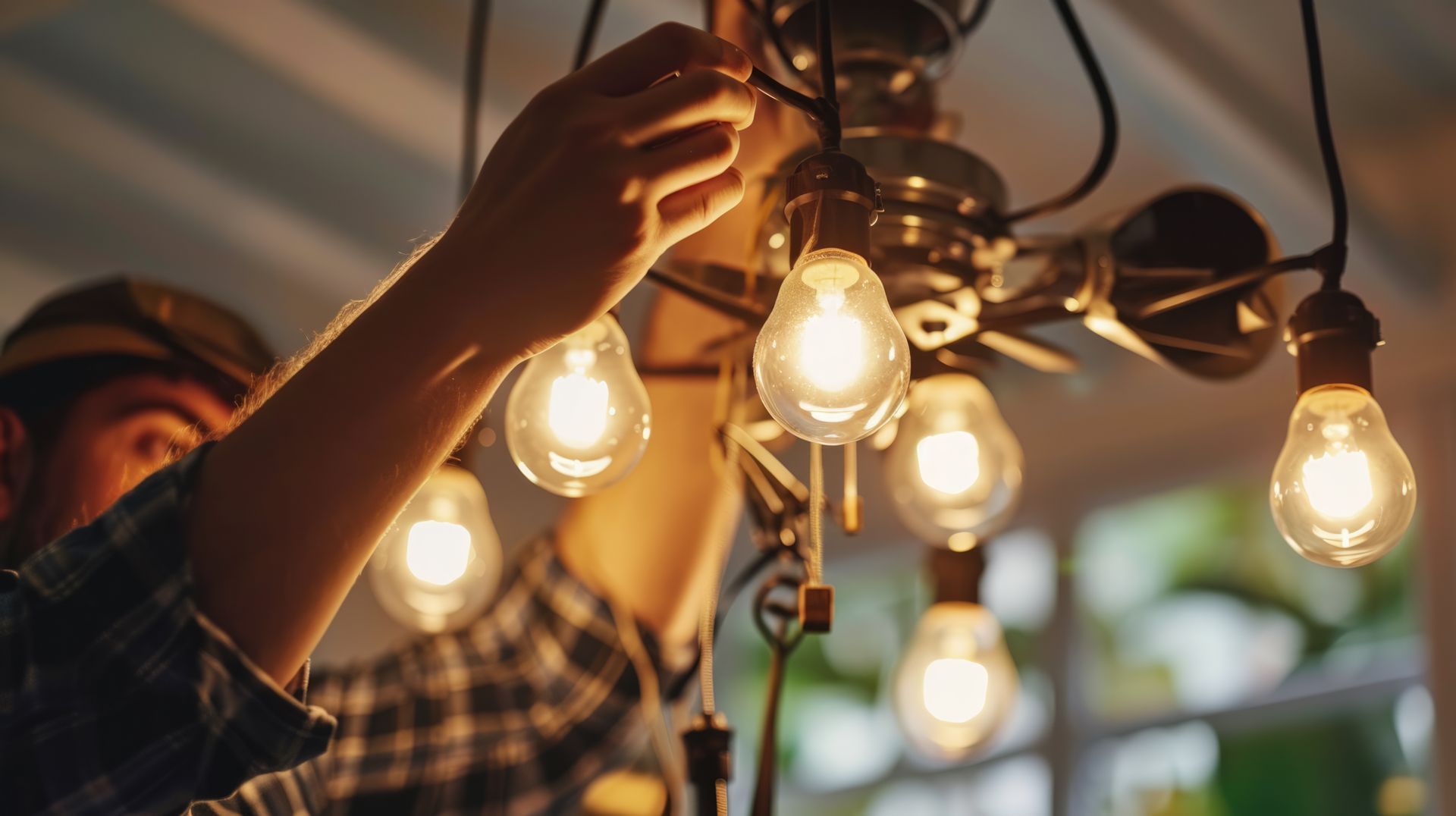 A man is installing a string of light bulbs on a ceiling.