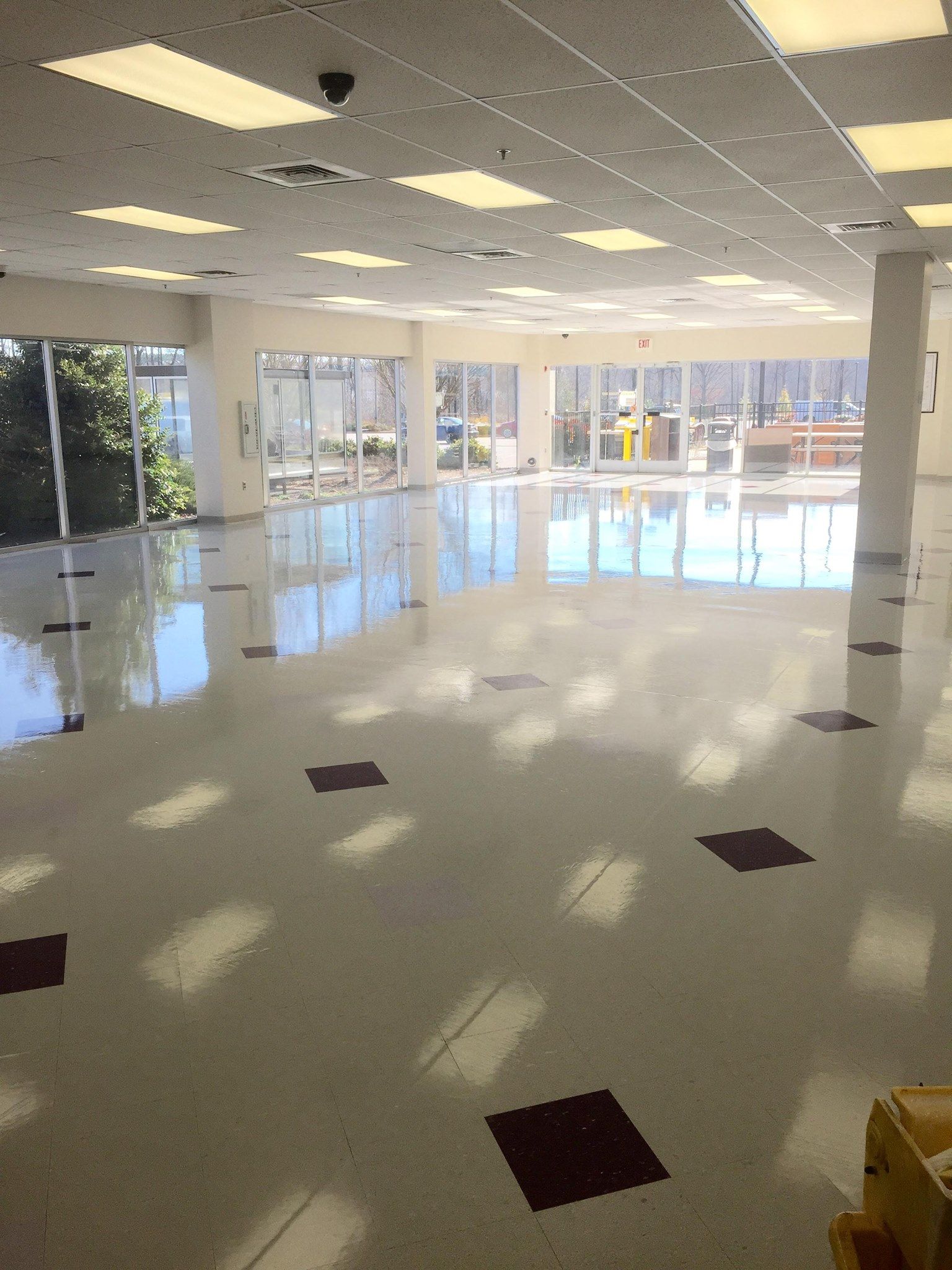 Empty room with glossy floor, rectangular lights, windows, and decorative dark square tiles.