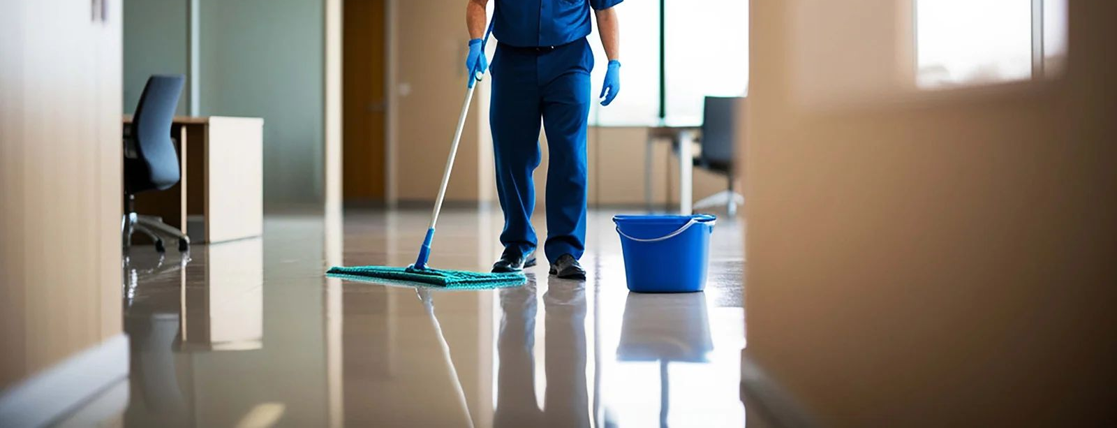 A janitor in blue uniform mops a shiny office floor near a blue bucket.
