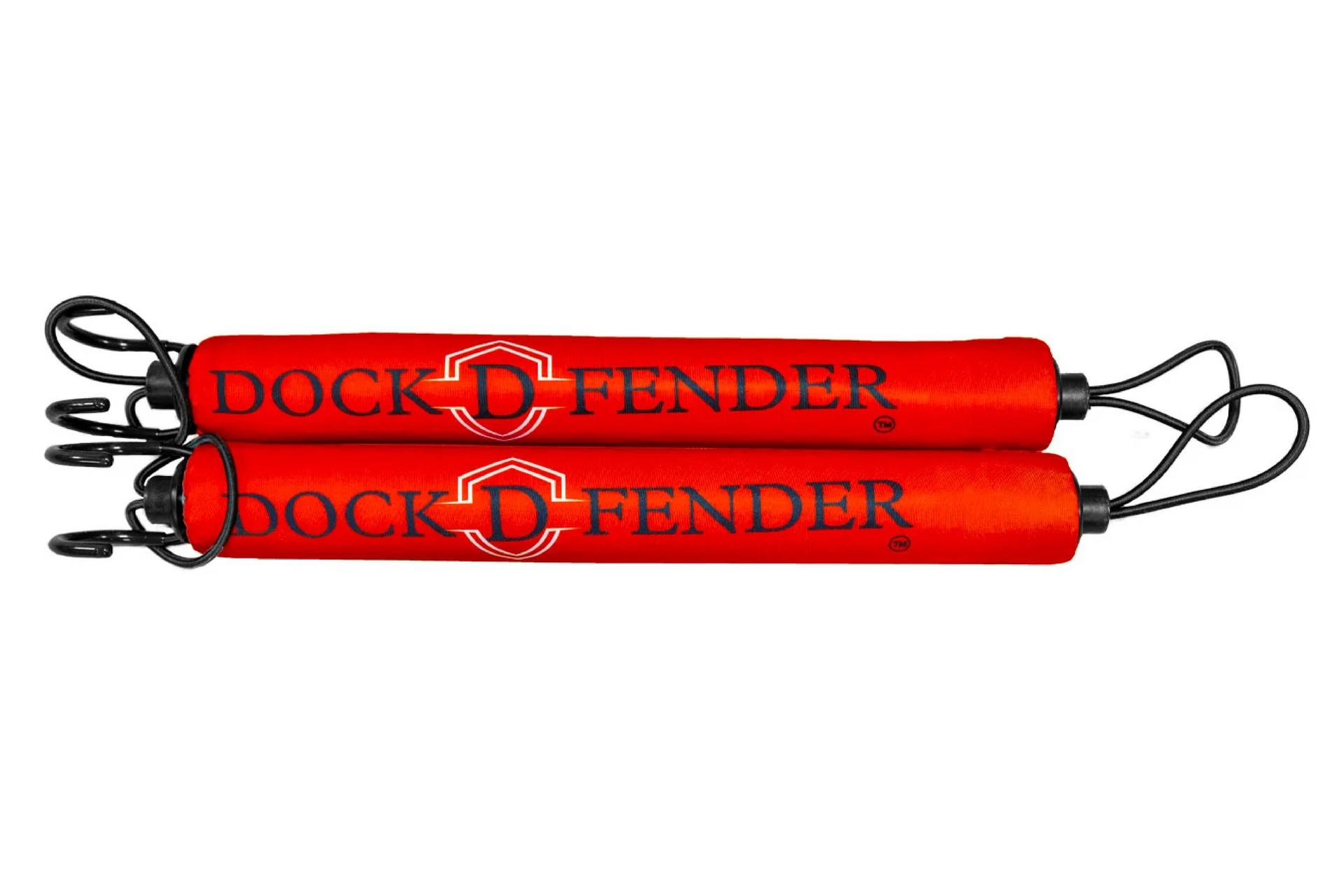 Two red Dock-D-Fender boat fenders, with the brand name in white and red, connected by ropes.