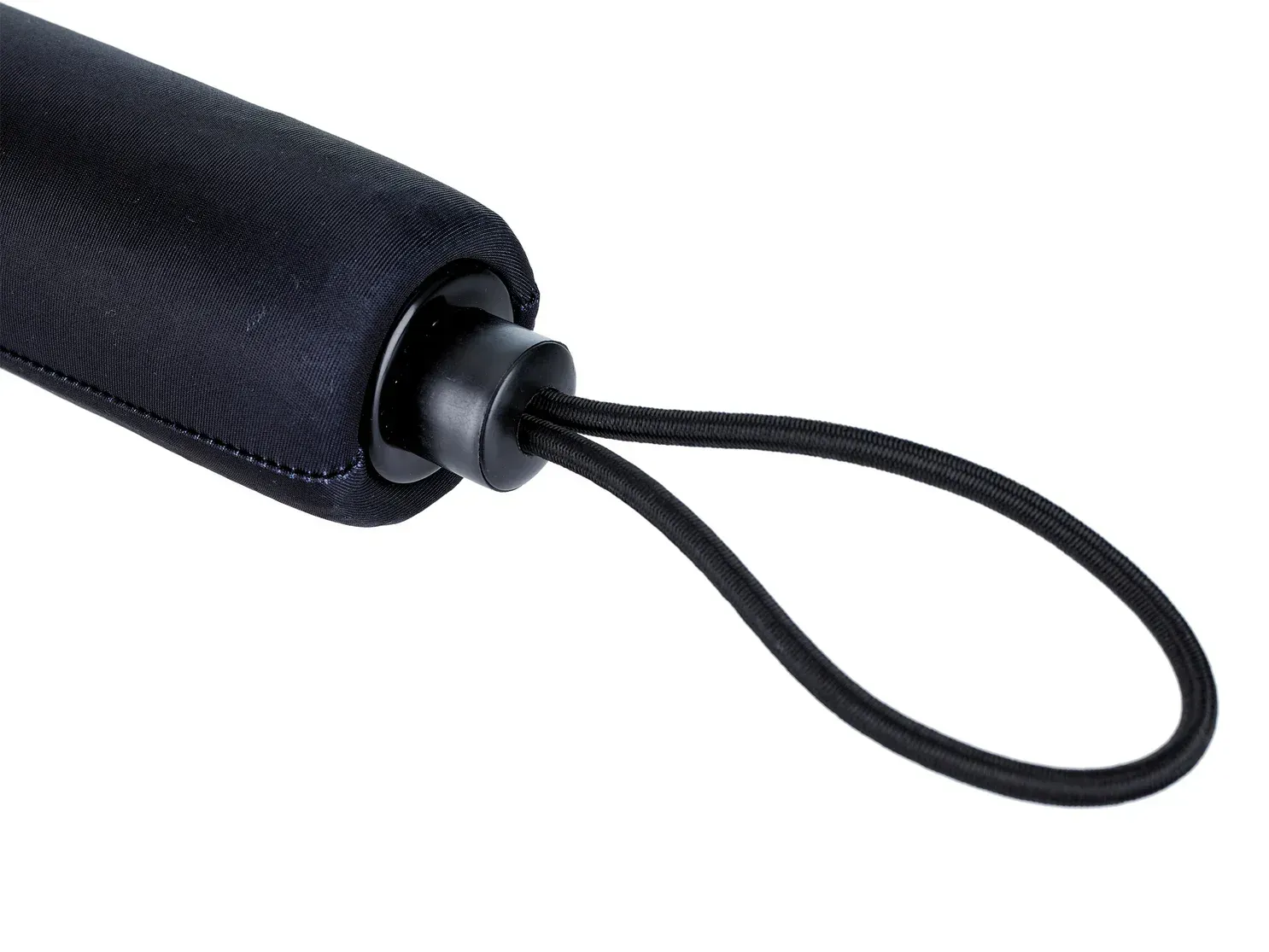 Black handle with a looped elastic cord attached, for holding.