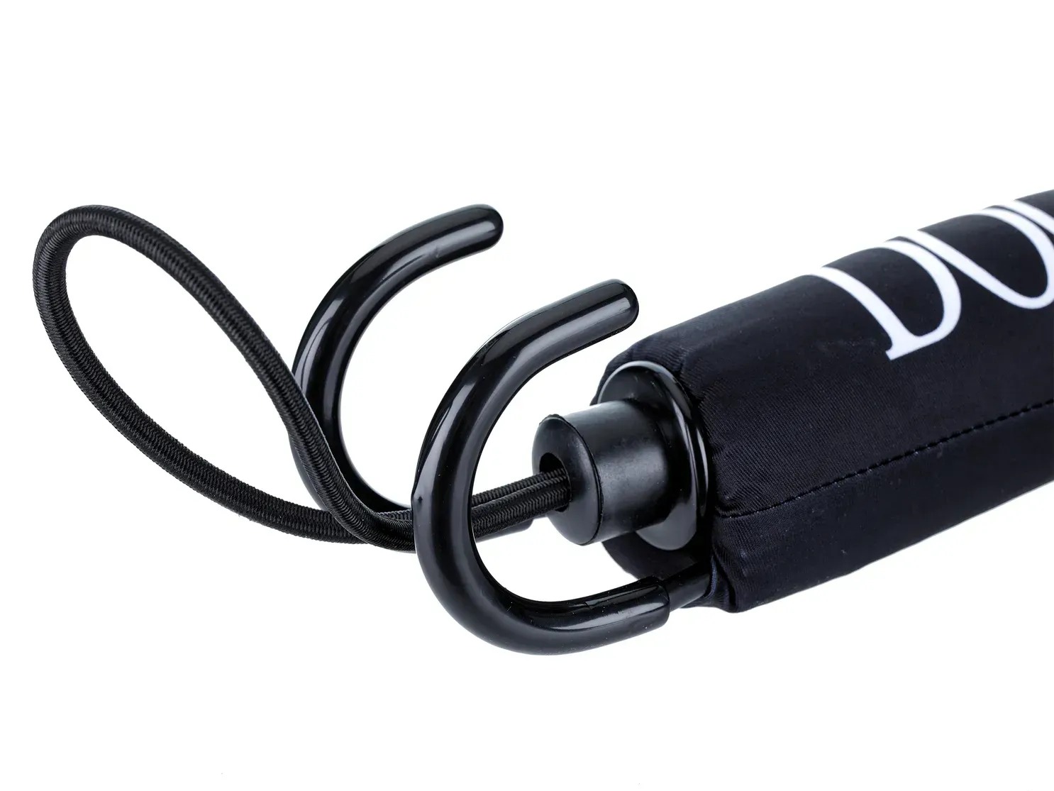 Black bungee cord with looped end attached to a black cylindrical handle with white lettering.