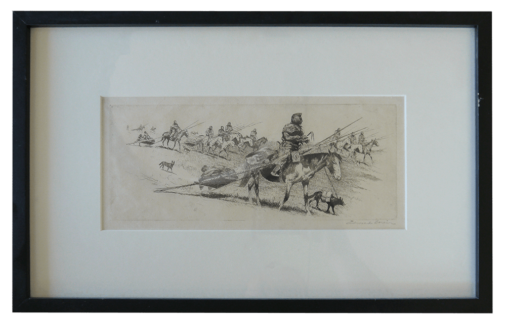 A black and white drawing of a man riding a horse pulling a sleigh.