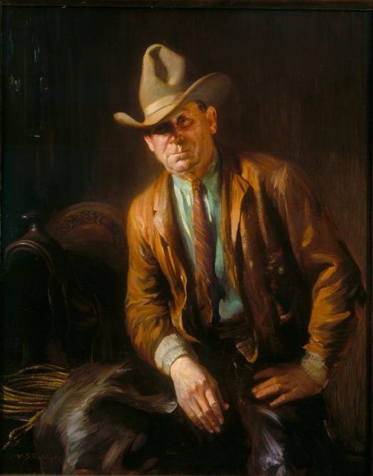 A painting of a man wearing a cowboy hat