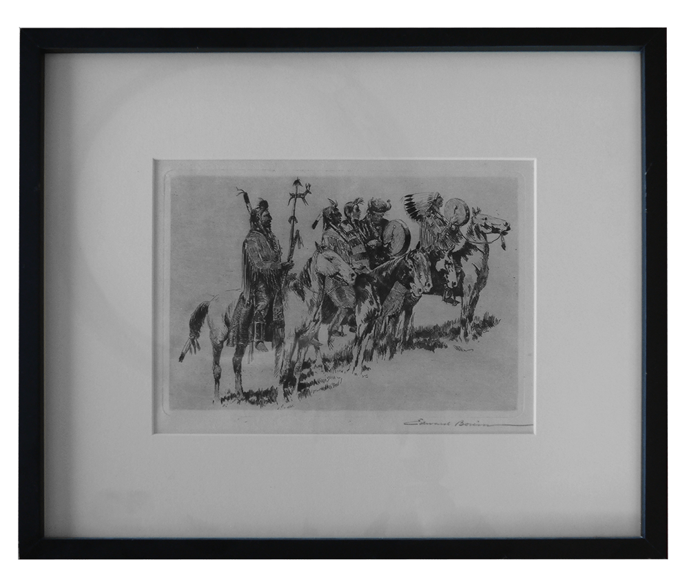 A black and white drawing of a group of people riding horses.