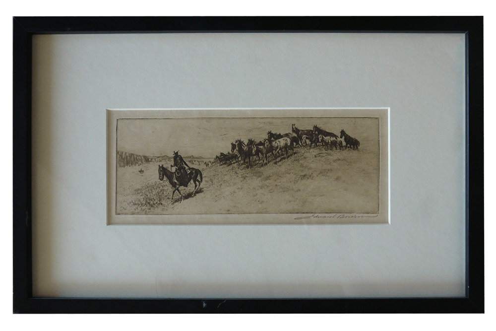 A black and white painting of a man riding a horse with a herd of horses behind him.