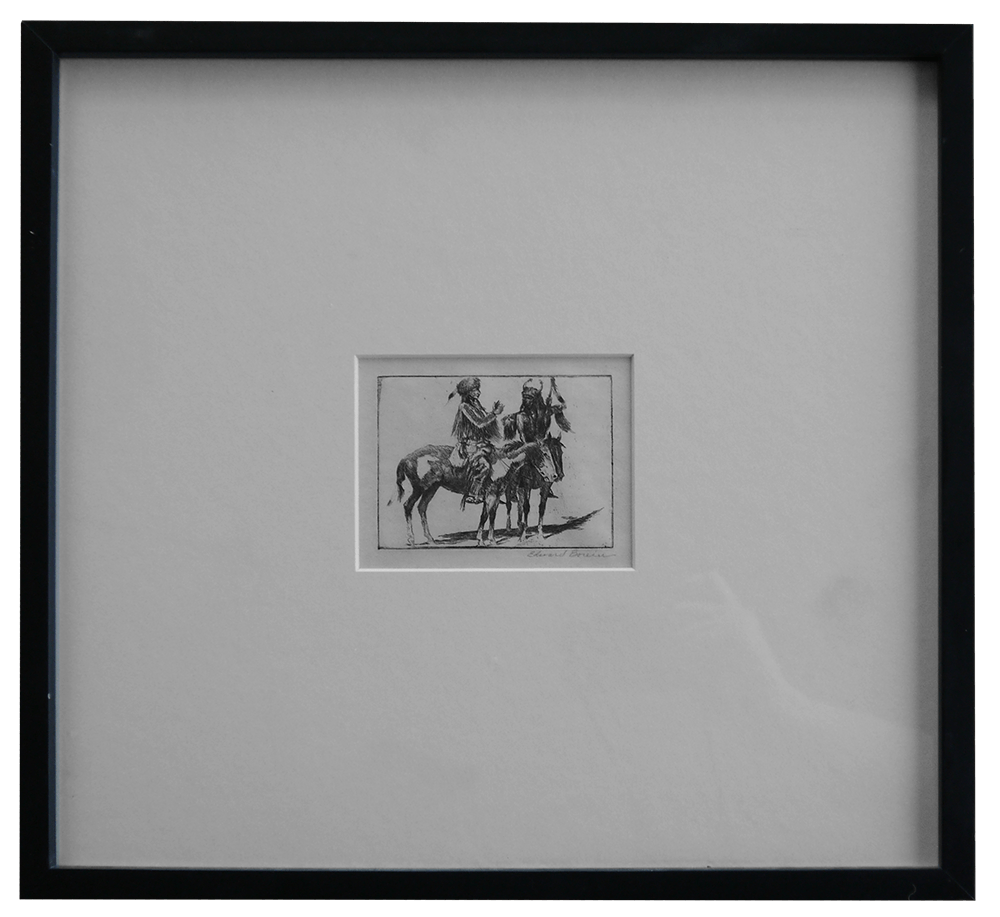 A black and white photo of two men riding horses in a frame.