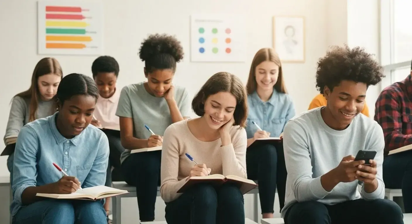 Students writing in notebooks at desks in a brightly lit classroom, some smiling.