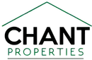 Logo for Chant Properties, featuring text under a green roof outline.