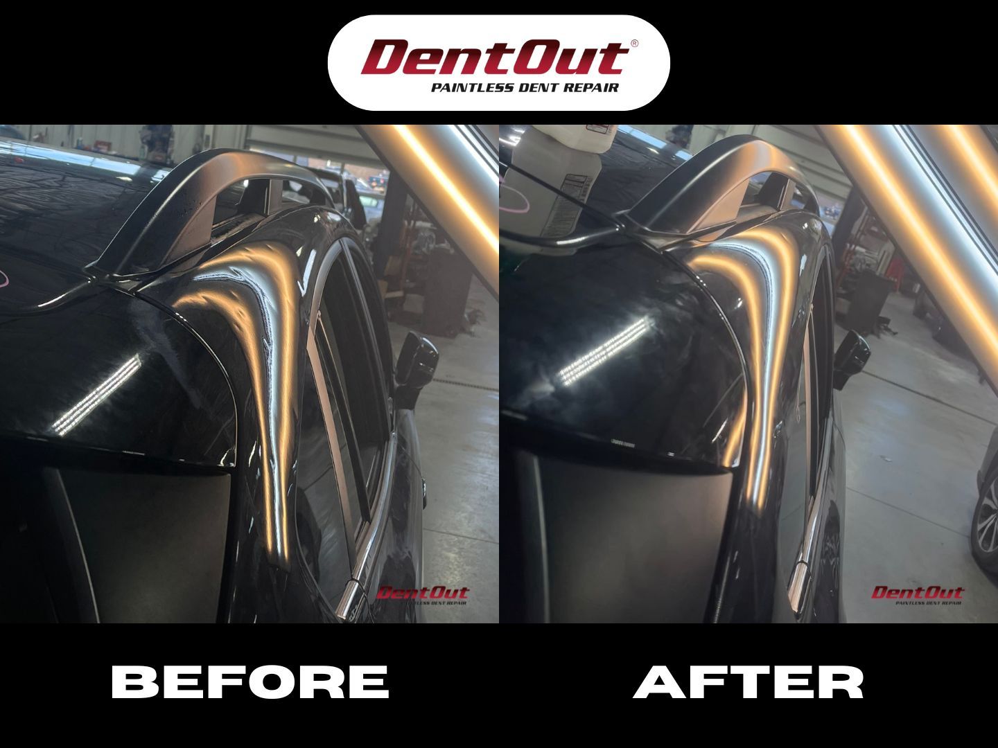 A picture of a car before and after dent out