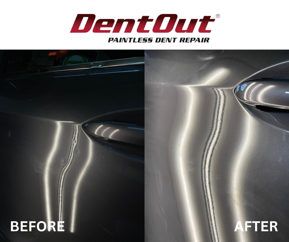 A picture of a car before and after dent out paintless dent repair