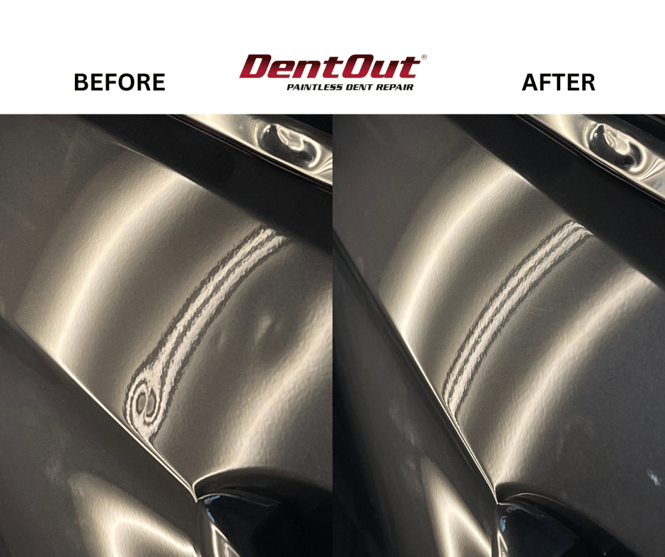 A before and after picture of a dent on a car