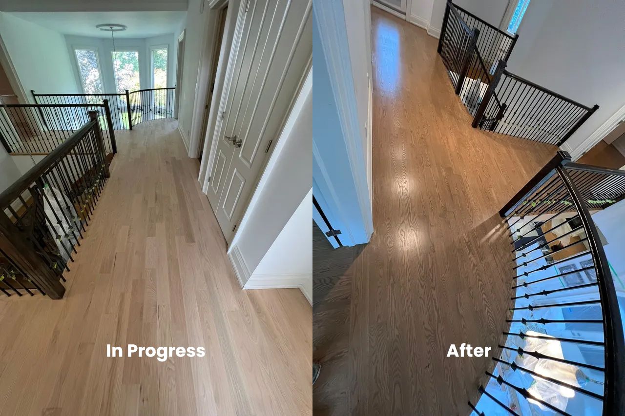 A before and after photo of a hallway and stairs.