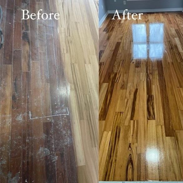 A before and after photo of a wooden floor
