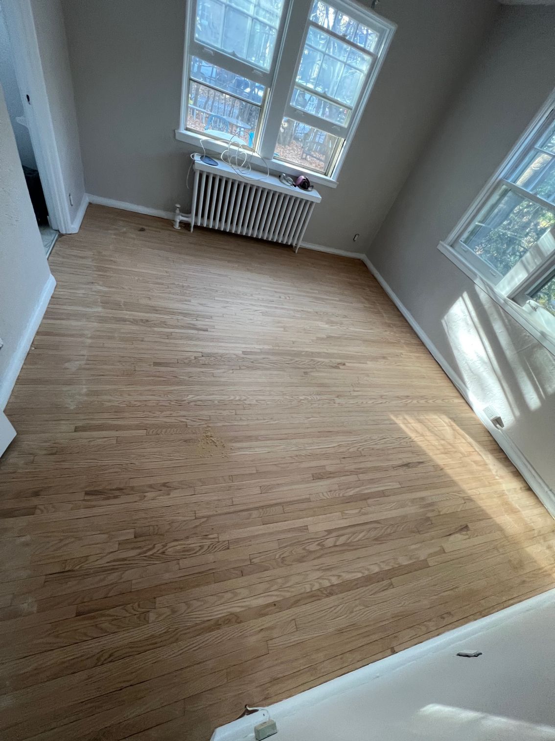 A living room with hardwood floors and a radiator.
