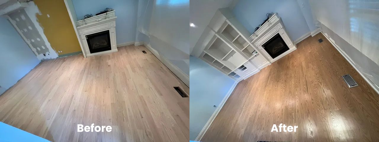 A before and after photo of a living room with hardwood floors.