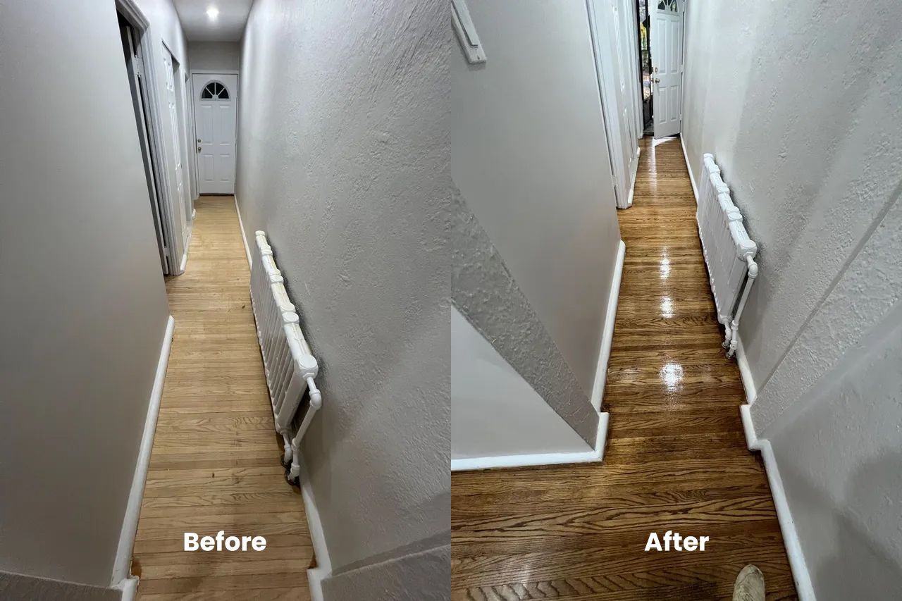A before and after photo of a hallway with wooden floors.