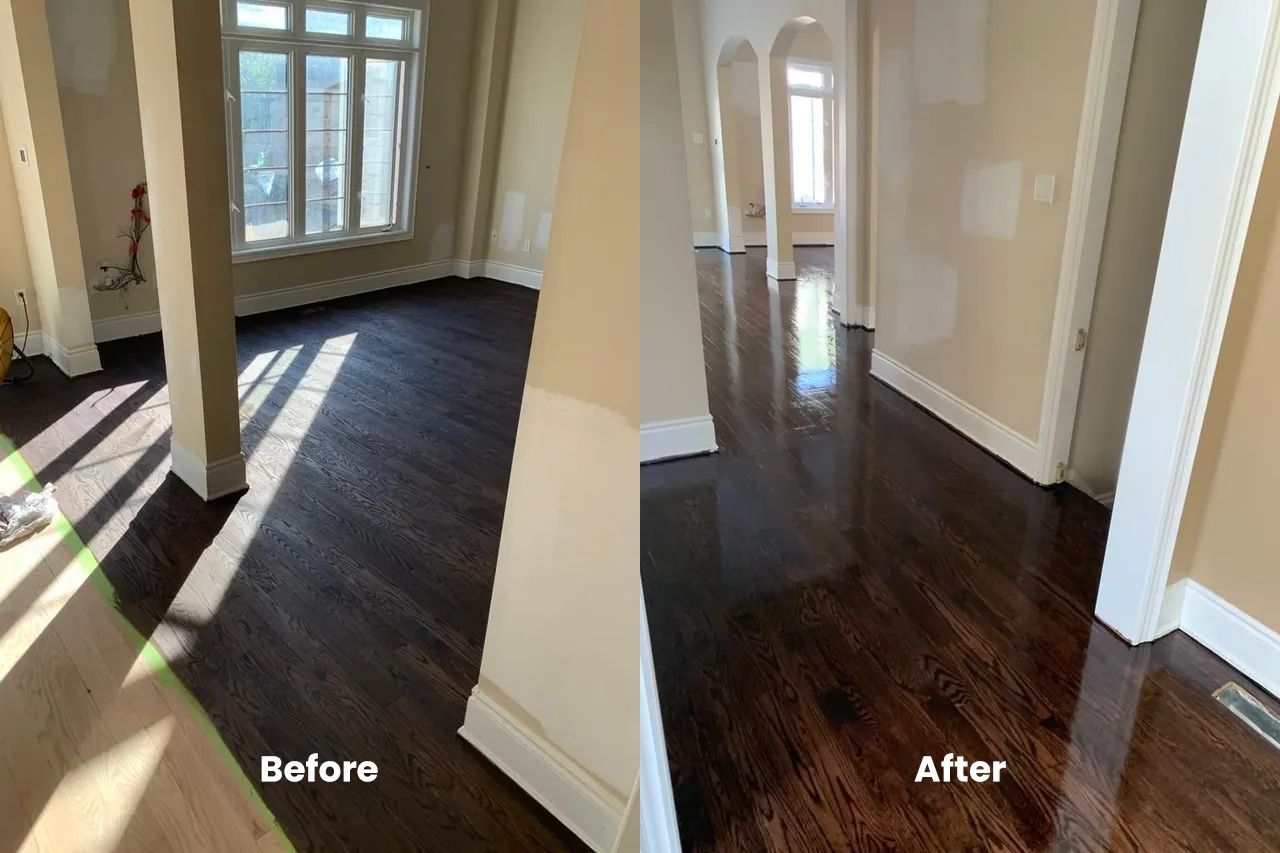 A before and after photo of a wooden floor in a house.