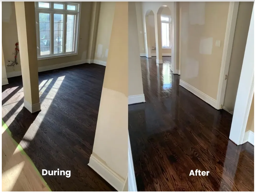 A before and after photo of a wooden floor in a house.