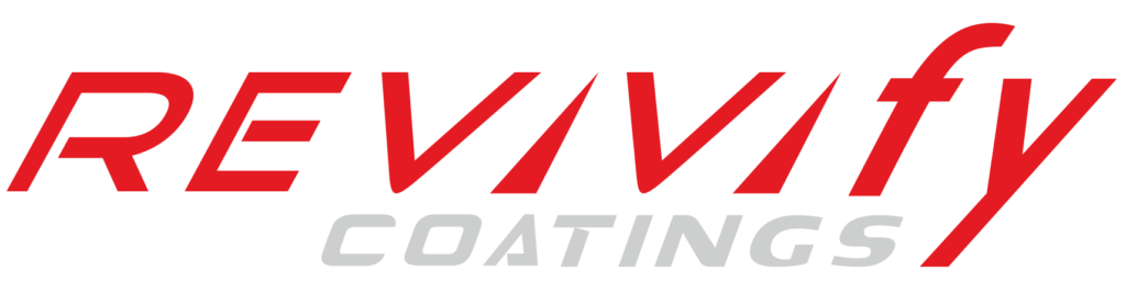 a red and white logo for rev/vify coatings
