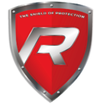 a red shield with a silver letter r on it