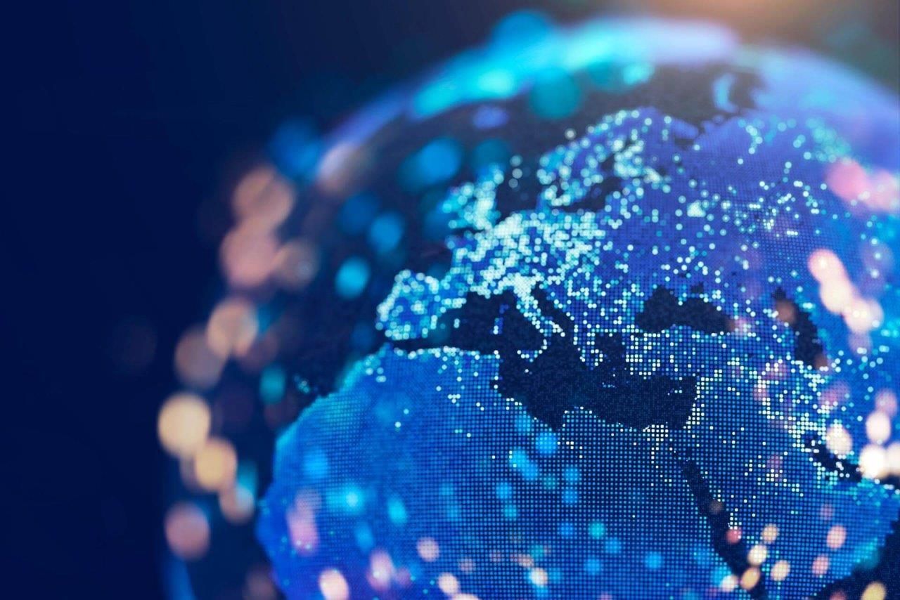 Un globo blu con una mappa del mondo sopra.