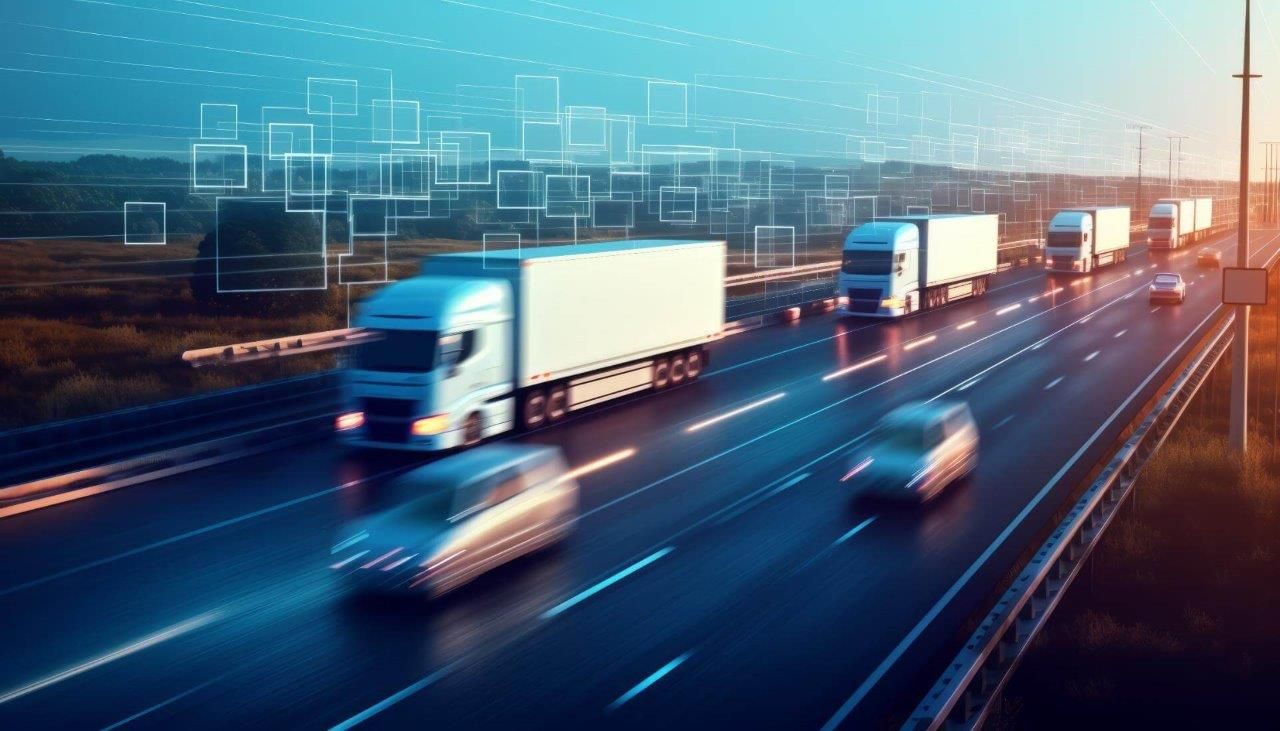 Una fila di camion percorre un'autostrada di notte.