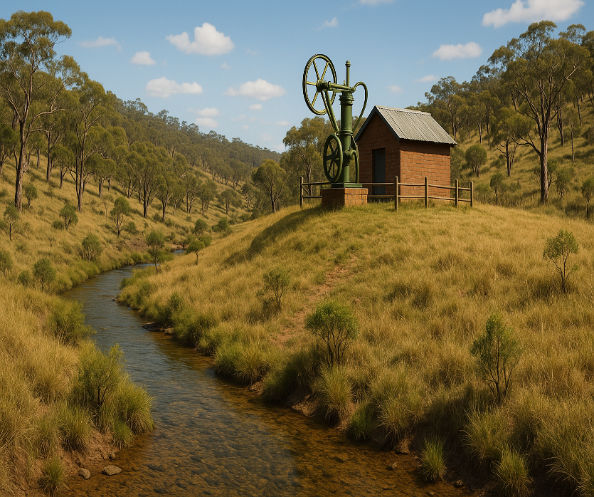A historic water pump structure on a grassy hillside next to a stream, with trees in the background. — Gin Gin Domestic Water Supplies in Wallaville, QLD