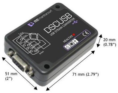 External outline dimensions for the DSCUSB strain gauge digital conditioner.