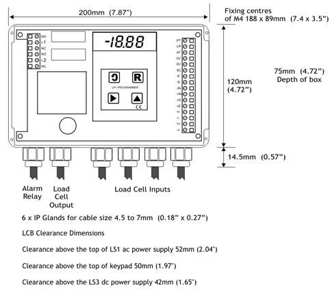Outline dimensions for the LCA20 load cell amplifier with relay and data output.