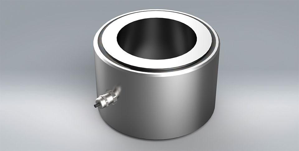 3D model of a silver stainless steel CLS high performance column style compression load cell.