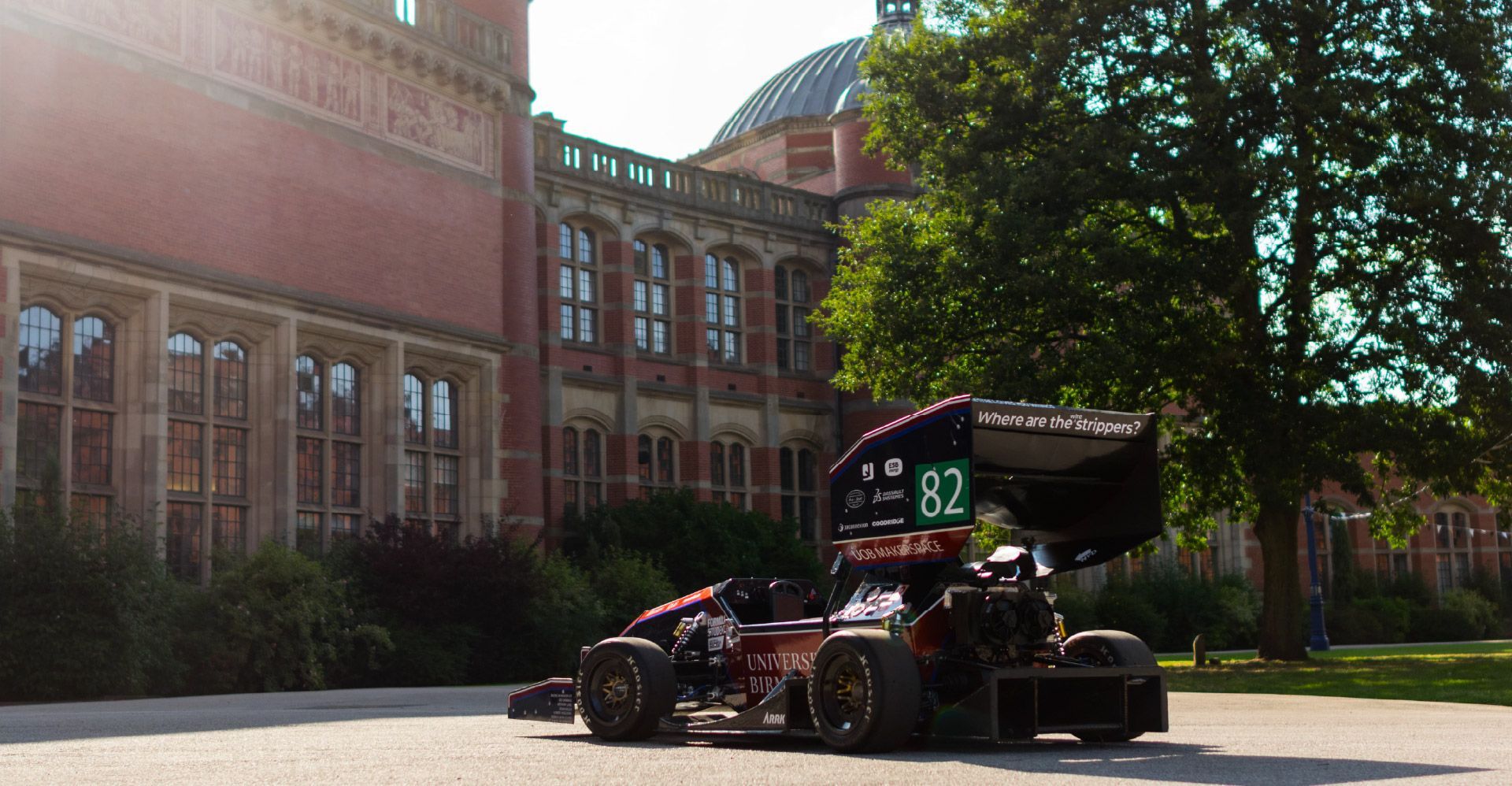 University of Birmingham's Formula Student Race car on a sunny day.