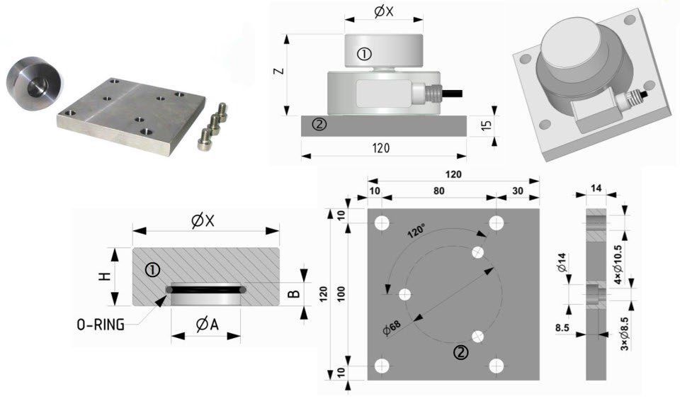 Multiple accessories for the C2S button load cell with dimensions in millimetres.