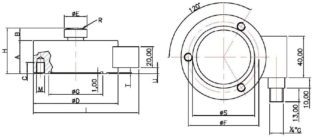 Outline dimensions of the C2S low-profile button load cell.