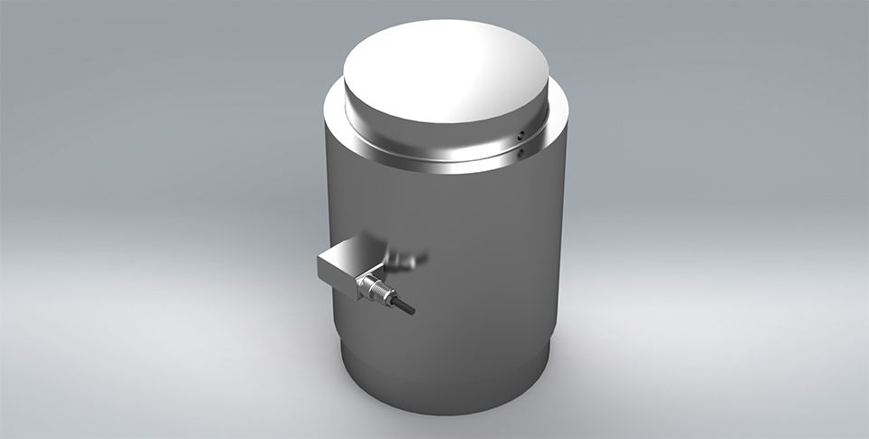 3D model of a silver stainless steel CLS high performance column style compression load cell.