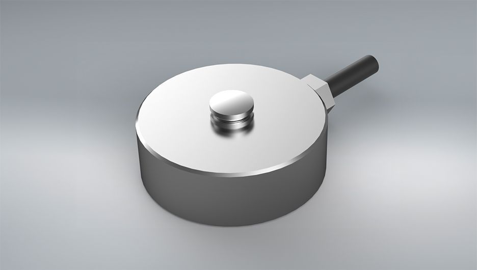 A silver stainless steel CM compression load cell, used to measure static and dynamic loads.