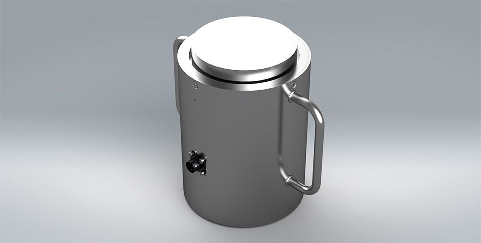 3D design of PCM's CN column compression load cell made from stainless steel on a grey background.