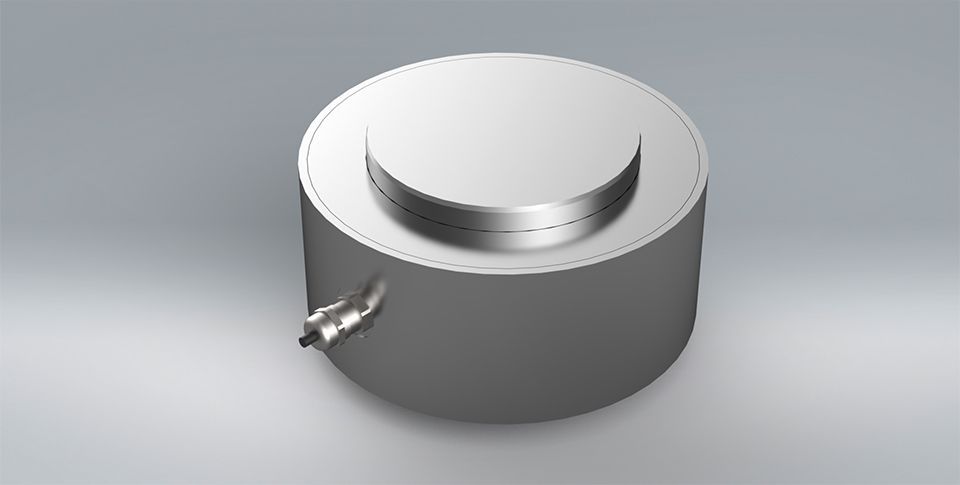 A metallic steel 3D model of a CNC heavy-duty, low-profile compression load cell on a lighter grey background.