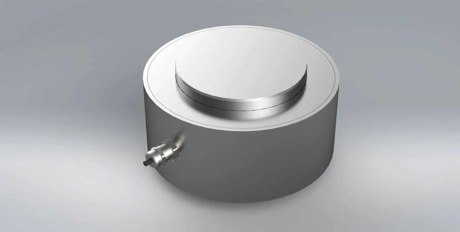 A metallic steel 3D model of a CNC heavy-duty, low-profile compression load cell on a lighter grey background.