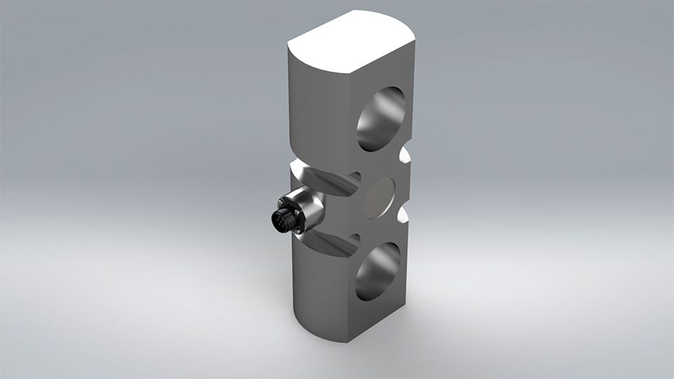 A 3D model of the D200 tension link load cell, used to measure tension and designed with 2 holes on either side.