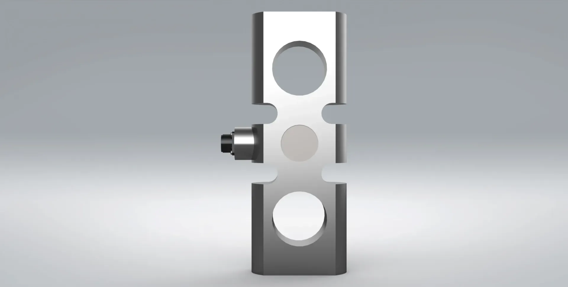 Side on view of the D200 tension link load cell on a grey background