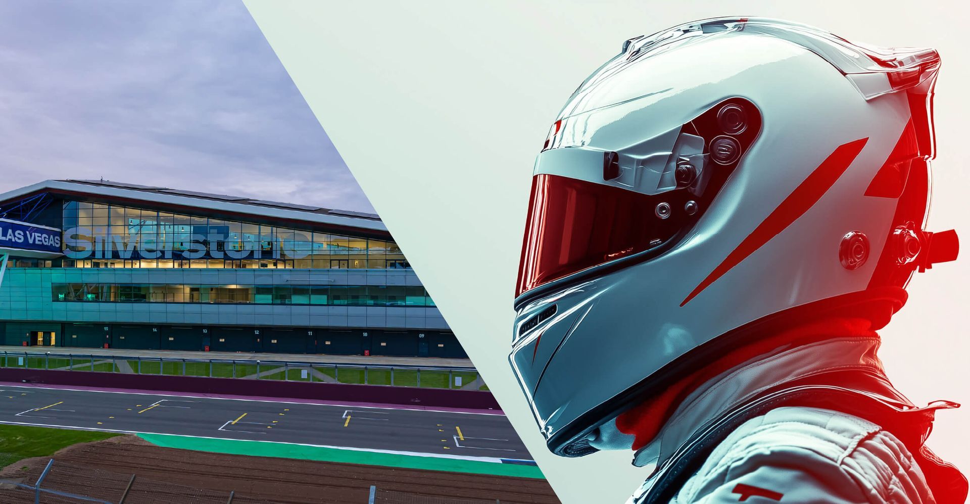Racing driver in a white helmet next to a picture of Silverstone race circuit.