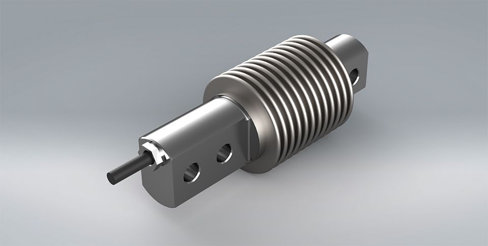 A close up of the stainless steel F1 cantilever load cell on a grey background, hermetically sealed against moisture.