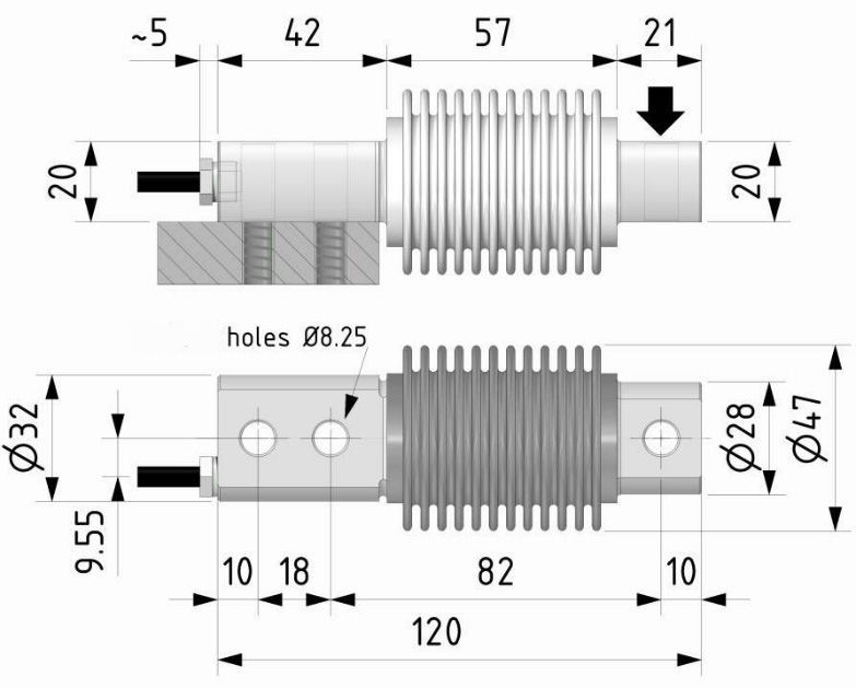 Outline dimensions of the single-ended F1 bending beam load cell.