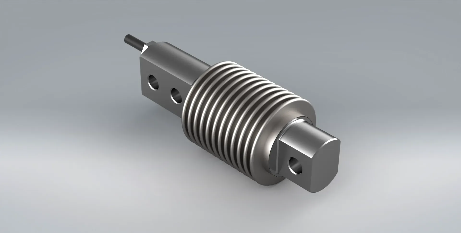 A close up of the stainless steel F1 cantilever load cell on a grey background, hermetically sealed against moisture.