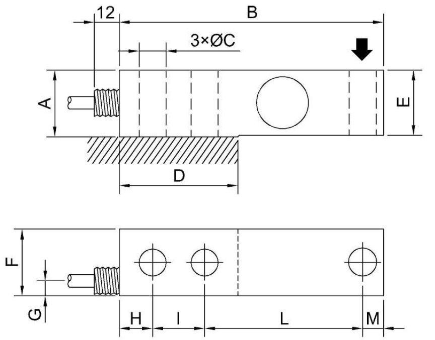 Outline dimenions of the FT1 shear beam load cell.