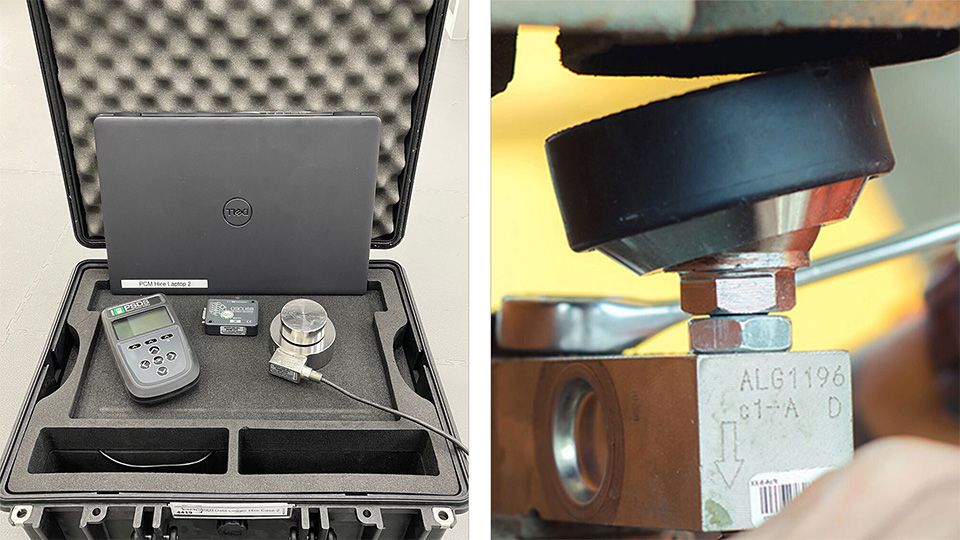 The left image shows a case containing a PCM load cell and instrumentation. The right image shows load cell calibration.
